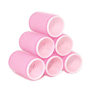 Six pink velcro rollers stacked in a pyramid, isolated on a white background